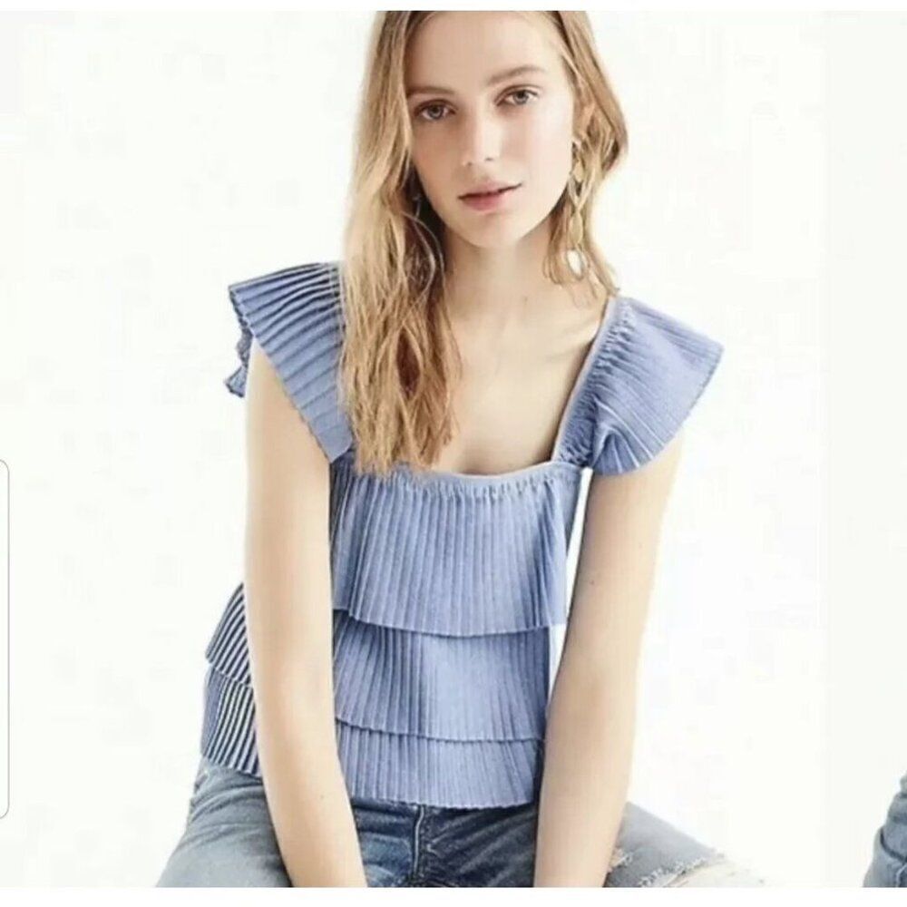 J. Crew Blue Pleated Ruffle Tiered Cap Sleeve Top Small